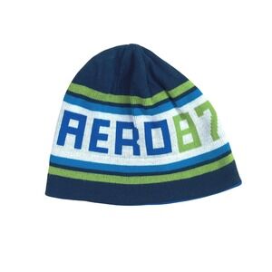 Aeropostale Y2K Vtg Reversible Beanie Mens Blue Green Striped Alpine Ridge Ski